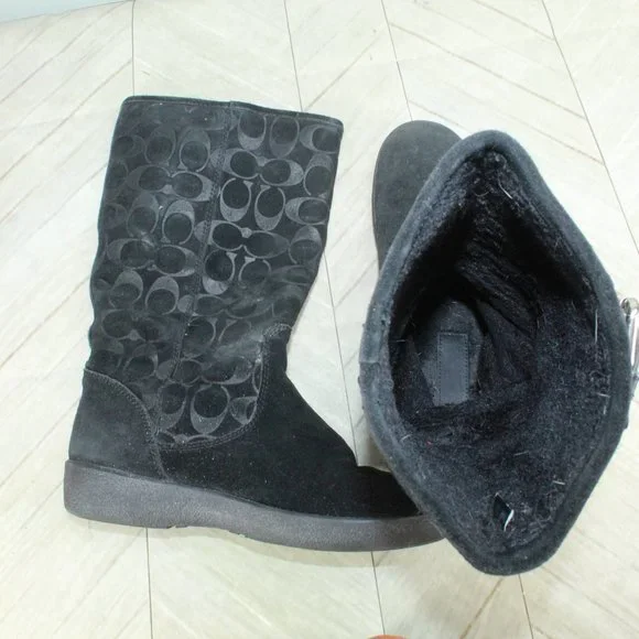 Coach Tinah Monogram Black Suede Lined Buckle Mid Calf Boots Size 7.5 B - Picture 7 of 9